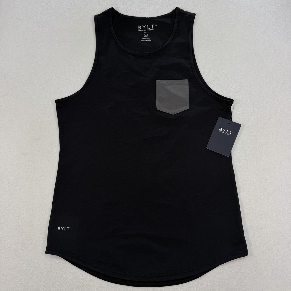 NWT BYLT Basics Lux Drop Cut Pocket Tank Top Mens Medium Black Chest Pocke Gym
